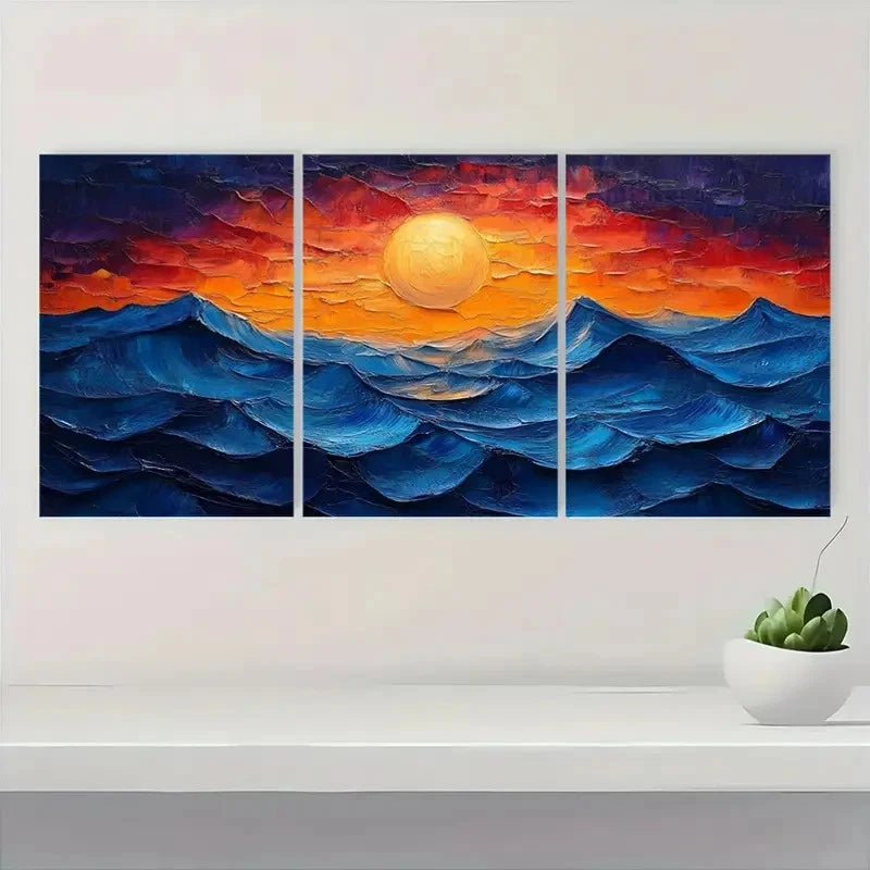 3pcs , Blue & Orange Sunset Desert Modern  OS  Wall Art Set Canvas Framed 50x70cm - High Quality Print 100% Australian Made Wall Canvas Ready to Hang - Bella Home Decor