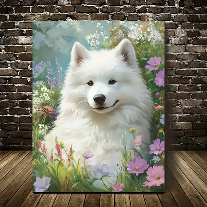 Adorable Samoyed Dog Vibrant Florl Painting 40x60cm Metal Print Ready to Hang - Bella Home Decor