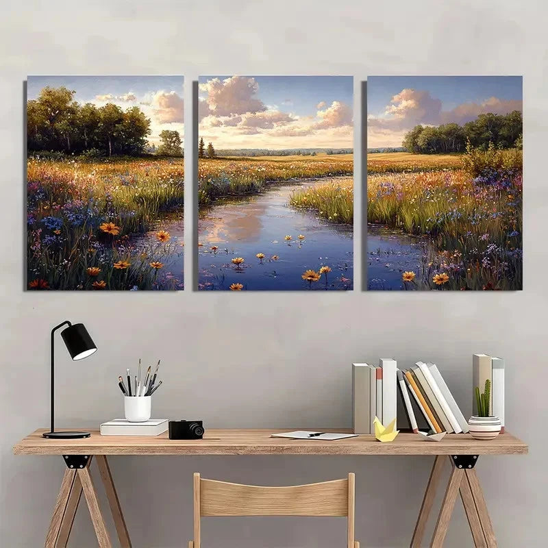 3pcs Dewy Meadow Gouache Peaceful Pastel Perfect Wall Art Set Canvas Framed 40x60cm - High Quality Print 100% Australian Made Wall Canvas Ready to Hang - Bella Home Decor