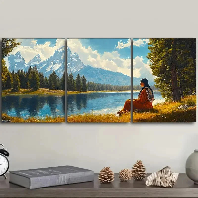 3pcs Girl by the River Painting Metal Print Ready to Hang Art - Bella Home Decor