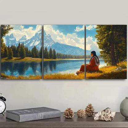 3pcs Girl by the River Painting Metal Print Ready to Hang Art - Bella Home Decor