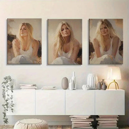 3pcs Blonde Woman in White Dress Seated Portrait Metal Print Ready to Hang Art - Bella Home Decor