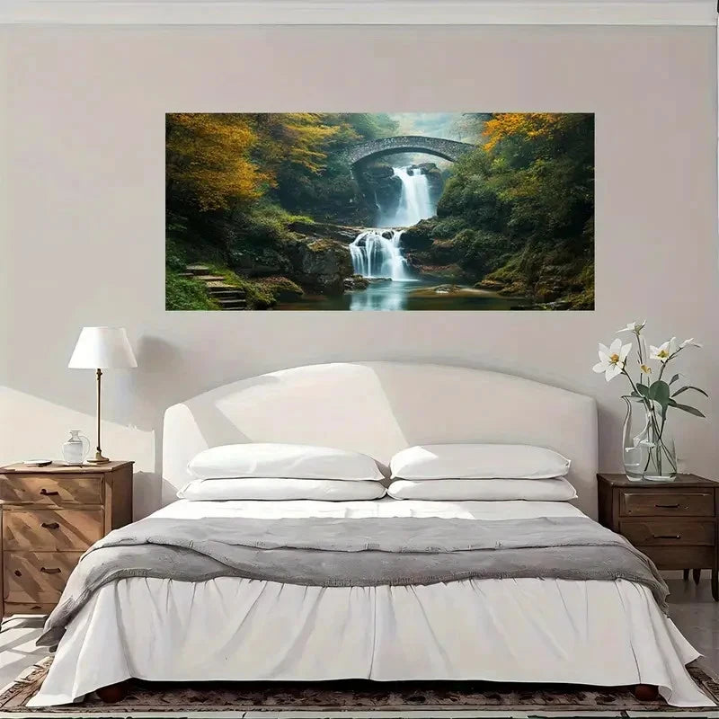 Waterfall Bridge Nature Scene Wall Art Canvas Office Home Room Framed 120x60cm