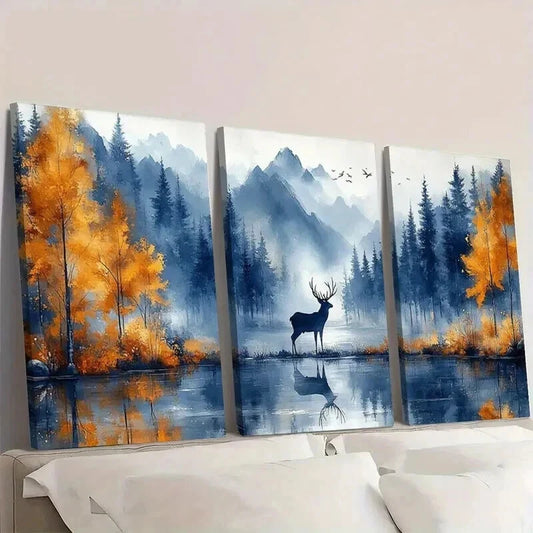 3pcs Deer Scene with Vibrant Orange & Blue TreesWall Art Set Canvas Framed 50x70cm - High Quality Print 100% Australian Made Wall Canvas Ready to Hang