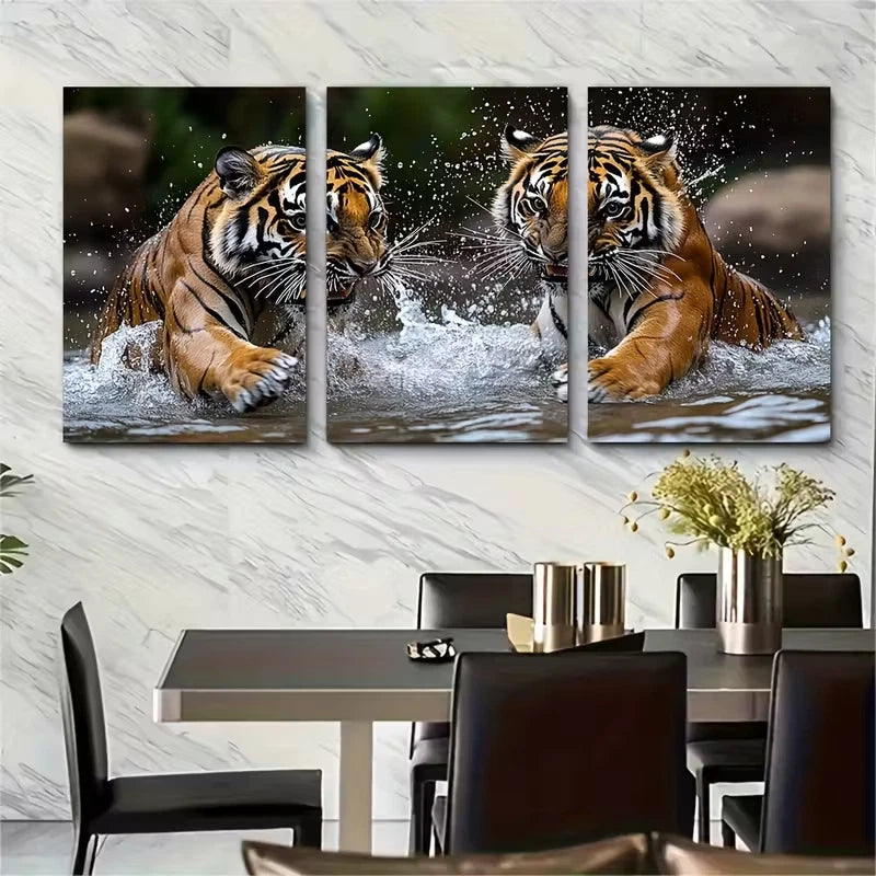 3pcs Two Tigers Play Fighting in Water Metal Print Ready to Hang Art