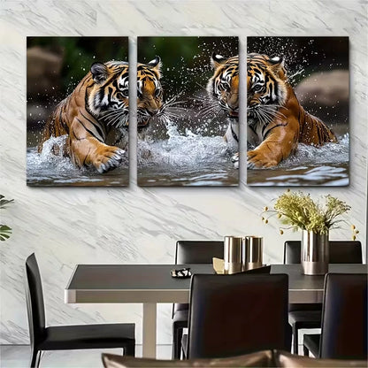 3pcs Two Tigers Play Fighting in Water Metal Print Ready to Hang Art