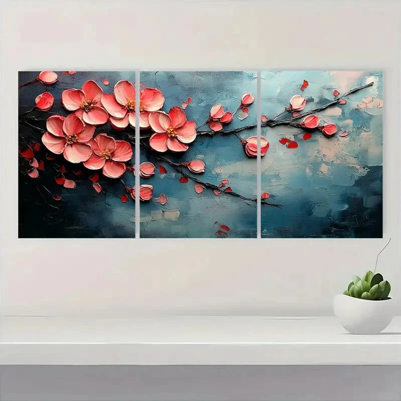 3pcs Pink Floral Oil Painting with Abstract Metal Print Ready to Hang Art - Bella Home Decor