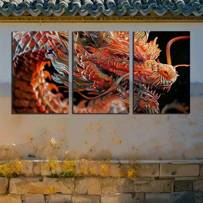 3pcs Flame Dragon Modern Design Metal Print Ready to Hang Art - Bella Home Decor