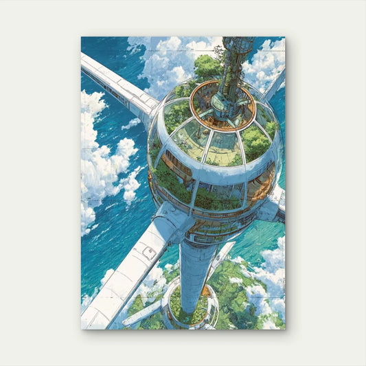 Futuristic Space Tower with Solar Panels 60x90cm Metal Print Ready to Hang