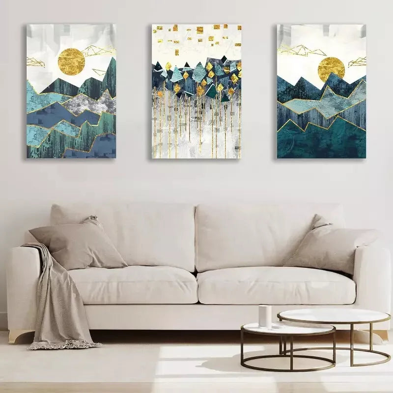 3pcs Abstract Painting Golden Sun Geometric Mountain Canvas Framed 40x60cm - High Quality Print 100% Australian Made Wall Canvas Ready to Hang - Bella Home Decor