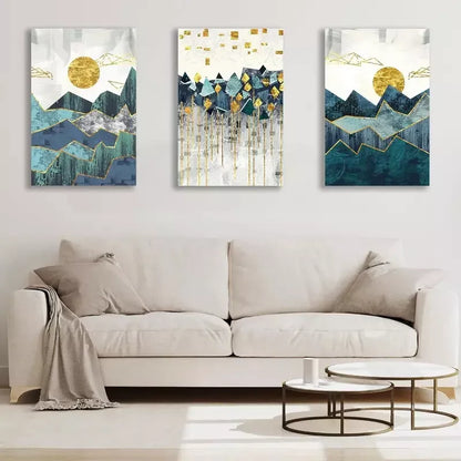3pcs Abstract Painting Golden Sun Geometric Mountain Canvas Framed 40x60cm - High Quality Print 100% Australian Made Wall Canvas Ready to Hang - Bella Home Decor