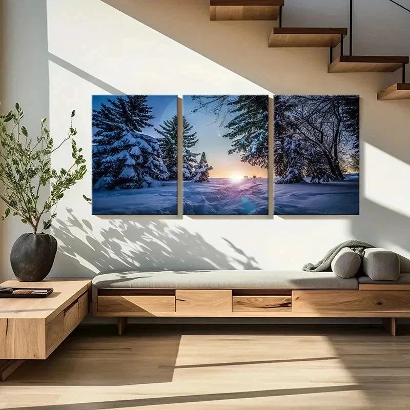 3pcs Winter Snow Scene Woods Sunrise Wall Art Set Canvas Framed 50x70cm - High Quality Print 100% Australian Made Wall Canvas Ready to Hang - Bella Home Decor