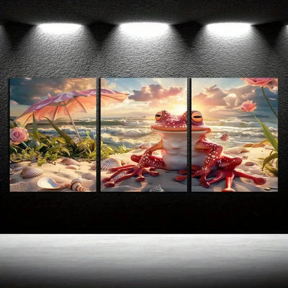 3pcs Peach Frog Relaxing on Beach with Umbrella Metal Print Ready to Hang Art