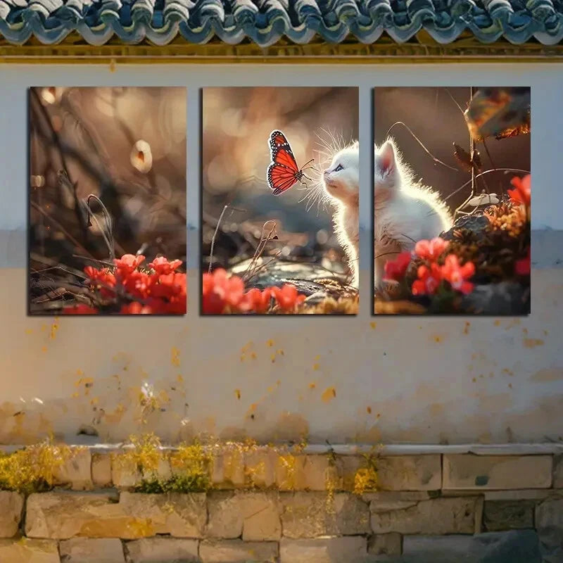3pcs Adorable White Kitten with Butterfly Metal Print Ready to Hang Art