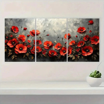 3pcs Red Poppies And Roses On A Gray Background Metal Print Ready to Hang Art - Bella Home Decor