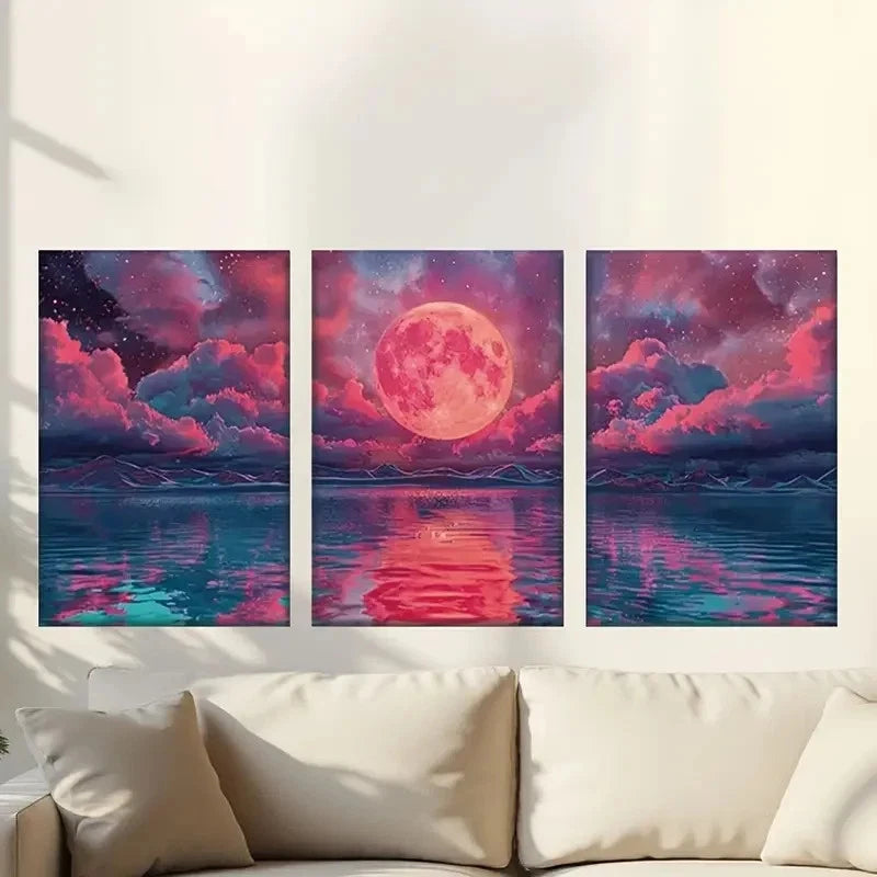 3pcs Full Moon Water Surface Metal Print Ready to Hang Art - Bella Home Decor