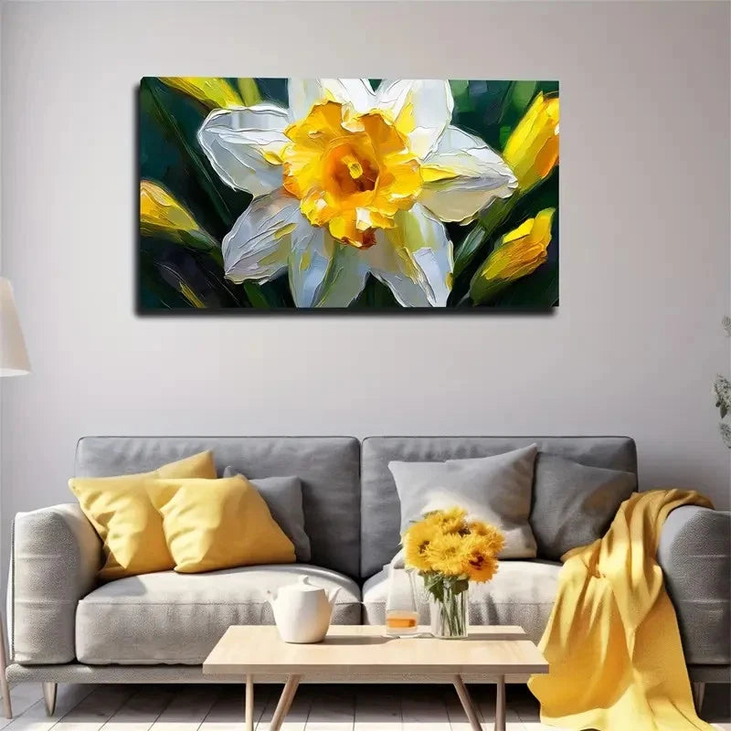 White Daffodil Flower Wall Art Canvas Office Home Room Framed 120x60cm