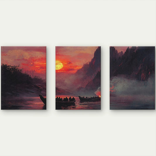 3pcs Classical Sunset River Boats Painting Wall Art Set Canvas Framed 60x90cm - High Quality Print 100% Australian Made Wall Canvas Ready to Hang