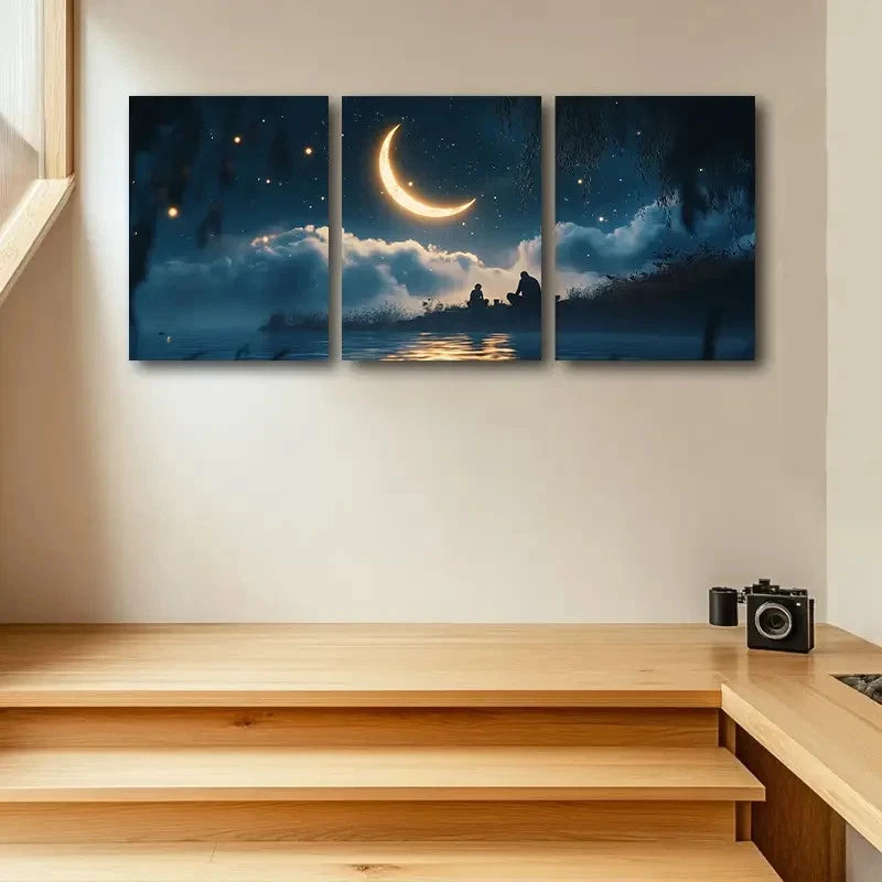 3pcs Crescent Moon Nighttime Scene with Starry Sky Metal Print Ready to Hang Art - Bella Home Decor