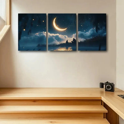 3pcs Crescent Moon Nighttime Scene with Starry Sky Metal Print Ready to Hang Art - Bella Home Decor