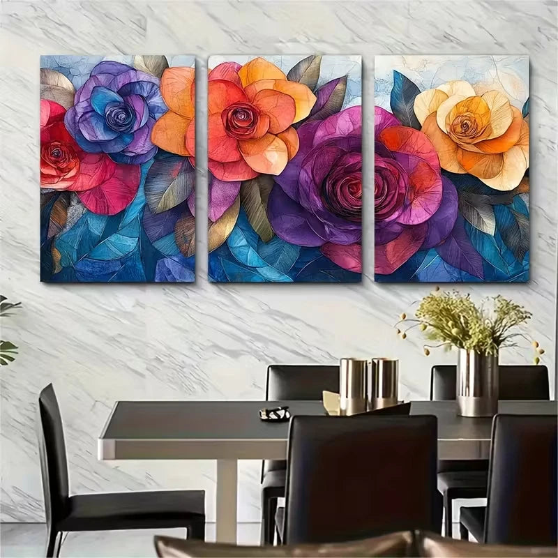 3pcs Vibrant Floral Sketch Collage Metal Print Ready to Hang Art