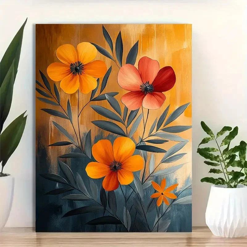 Beautiful Vibrant Orange & Red Floral Design Painting 40x60cm Metal Print Ready to Hang