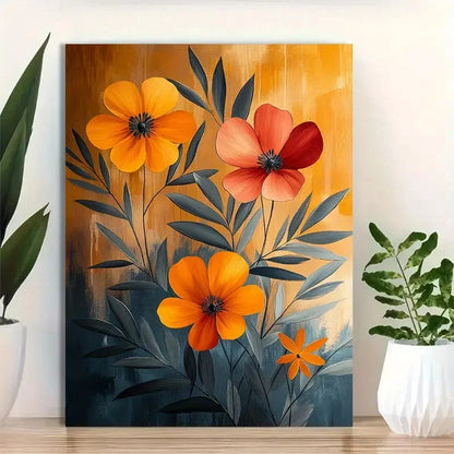 Beautiful Vibrant Orange & Red Floral Design Painting 40x60cm Metal Print Ready to Hang