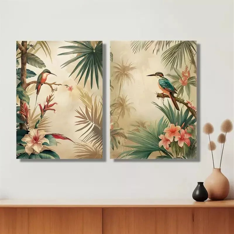 Vintage Tropical Bird & Floral Canvas Framed 50x75cm - High Quality Print 100% Australian Made Wall Canvas Ready to Hang