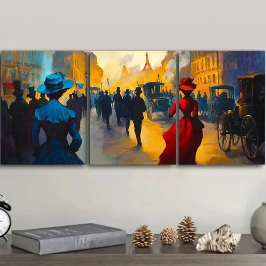 3pcs People in the Market Art Painting Metal Print Ready to Hang Art