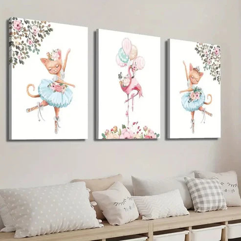 3pcs Kitten Ballet Pink Flamingo & Floral Design Wall Art Set Canvas Unframed - High Quality Print 100% Australian Made Wall Canvas