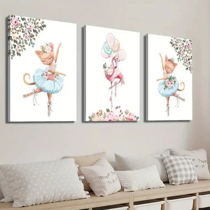 3pcs Kitten Ballet Pink Flamingo & Floral Design Wall Art Set Canvas Unframed - High Quality Print 100% Australian Made Wall Canvas