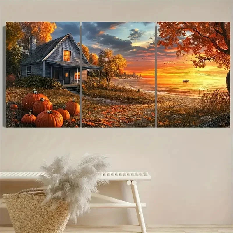 3pcs Vibrant Beach House & Pumpkin Wall Art Set Canvas Framed 60x90cm - High Quality Print 100% Australian Made Wall Canvas Ready to Hang - Bella Home Decor