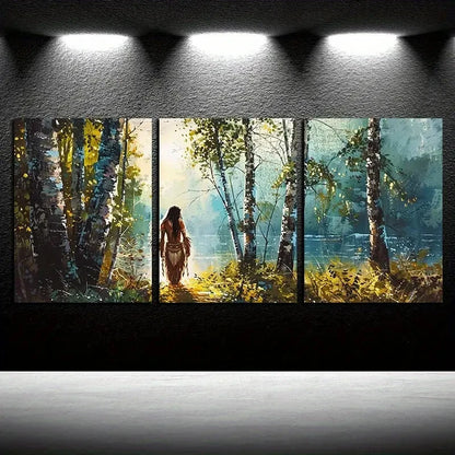 3pcs Nature with Lake and Tribe Illustration Metal Print Ready to Hang Art - Bella Home Decor