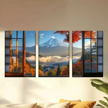 3pcs Window View of a Mountain Wall Art Set Canvas Framed 40x60cm - High Quality Print 100% Australian Made Wall Canvas Ready to Hang