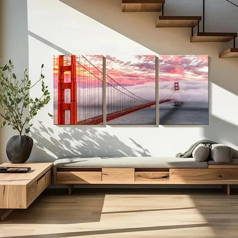 3pcs Golden Gate Bridge at Sunset Wall Art Set Canvas Framed 50x70cm - High Quality Print 100% Australian Made Wall Canvas Ready to Hang - Bella Home Decor