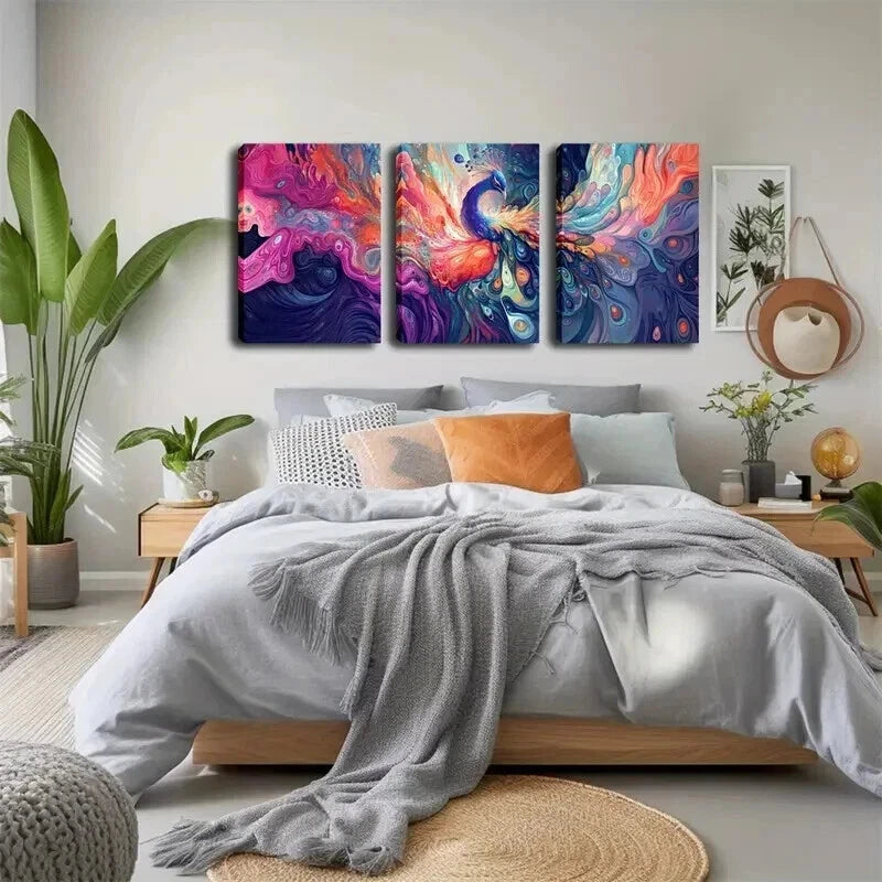 3pcs Vibrant Watercolor Peacock Feather Perfect Wall Art Set Canvas Framed 50x70cm - High Quality Print 100% Australian Made Wall Canvas Ready to Hang - Bella Home Decor