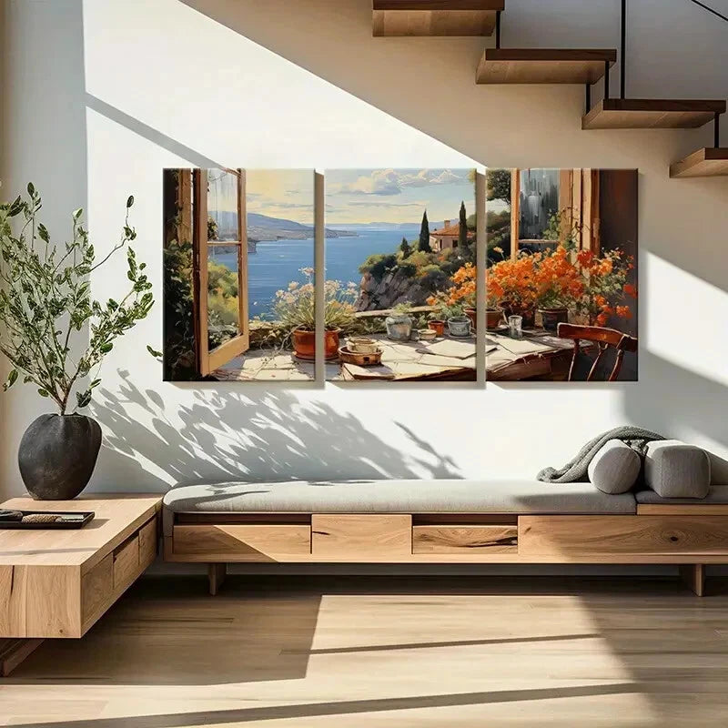 3pcs Artistic Mediterranean Landscape Coastal Metal Print Ready to Hang Art - Bella Home Decor