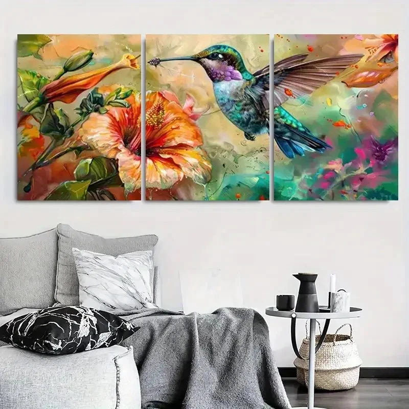 3pcs Colorful Hummingbirds with Hibiscus Flowers Metal Print Ready to Hang Art - Bella Home Decor