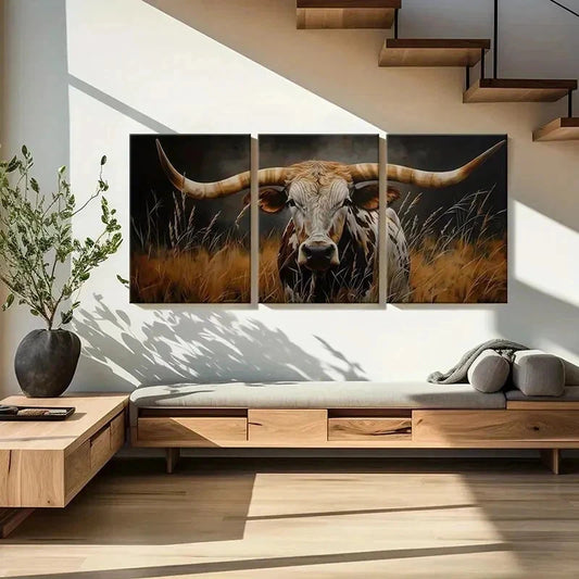 3pcs Texas Longhorn Bull Artwork Wall Art Set Canvas Framed 40x60cm - High Quality Print 100% Australian Made Wall Canvas Ready to Hang