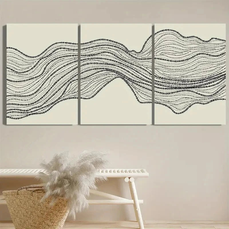3pcs Geometric Dark Brown Wavy Lines Metal Print Ready to Hang Art - Bella Home Decor