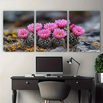 3pcs Cactus Blooming Pink Flower Nature Florals Metal Print Ready to Hang Art