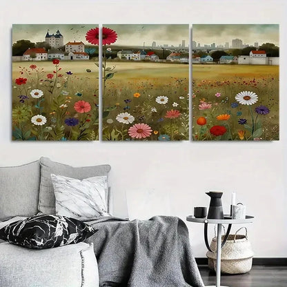 3pcs Wildflower Field Village Meadow Metal Print Ready to Hang Art