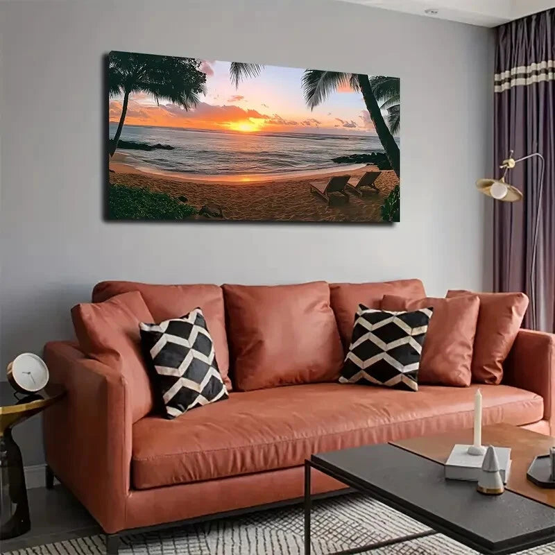 Vibrant Palm Trees & Ocean View Wall Art Canvas Office Home Room Framed 120x60cm - Bella Home Decor