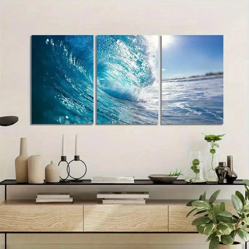 3pcs Giant Ocean Wave Photography Paintings Metal Print Ready to Hang Art - Bella Home Decor