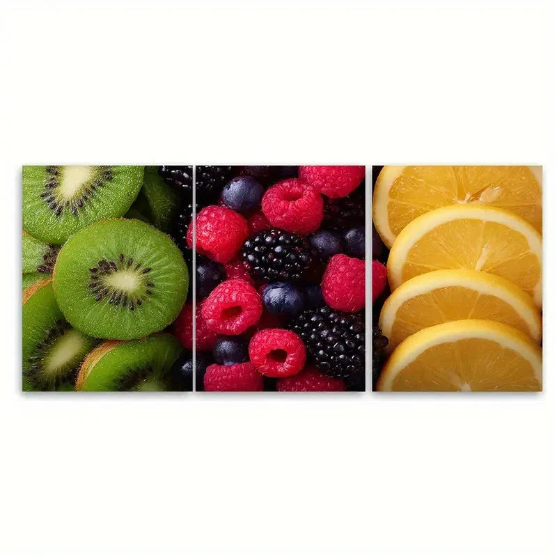 3pcs Berries & Kiwi Tropical Fruits Illustration Wall Art Set Canvas Framed 60x90cm - High Quality Print 100% Australian Made Wall Canvas Ready to Hang - Bella Home Decor