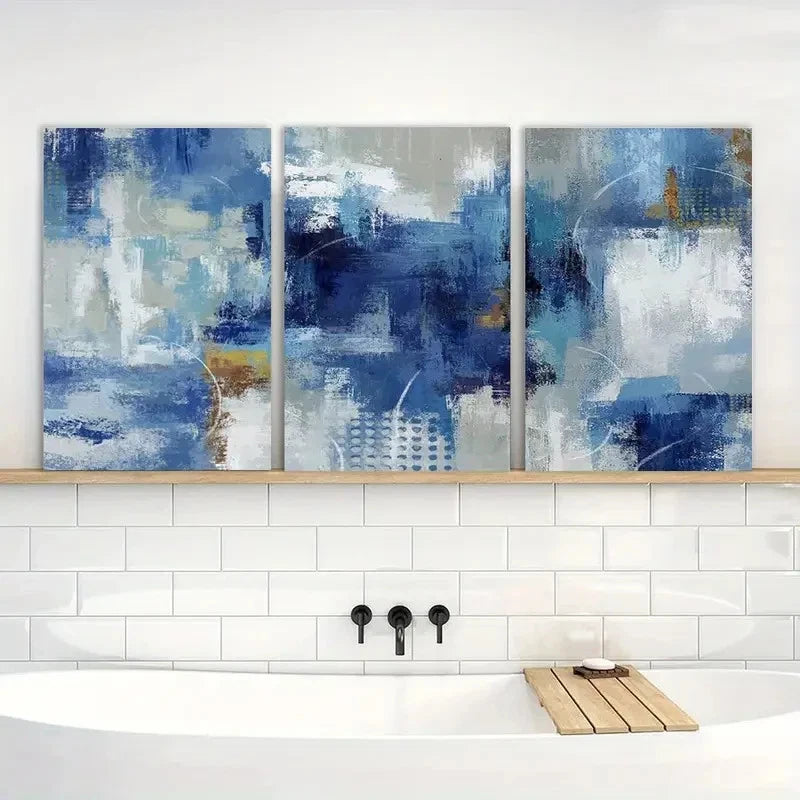 3pcs Abstract Painting Blue and White Wall Art Metal Print Ready to Hang Art - Bella Home Decor
