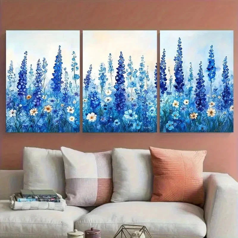 3pcs Blue Abstract Watercolor Floral Meadow Metal Print Ready to Hang Art - Bella Home Decor