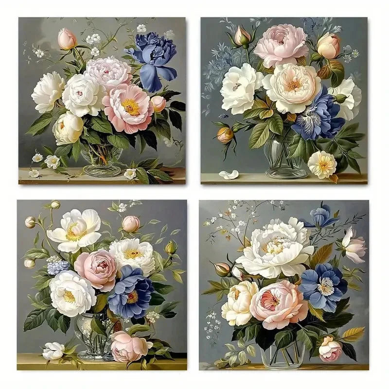 4pcs Different Flower Arrangements Wall Art Canvas Framed