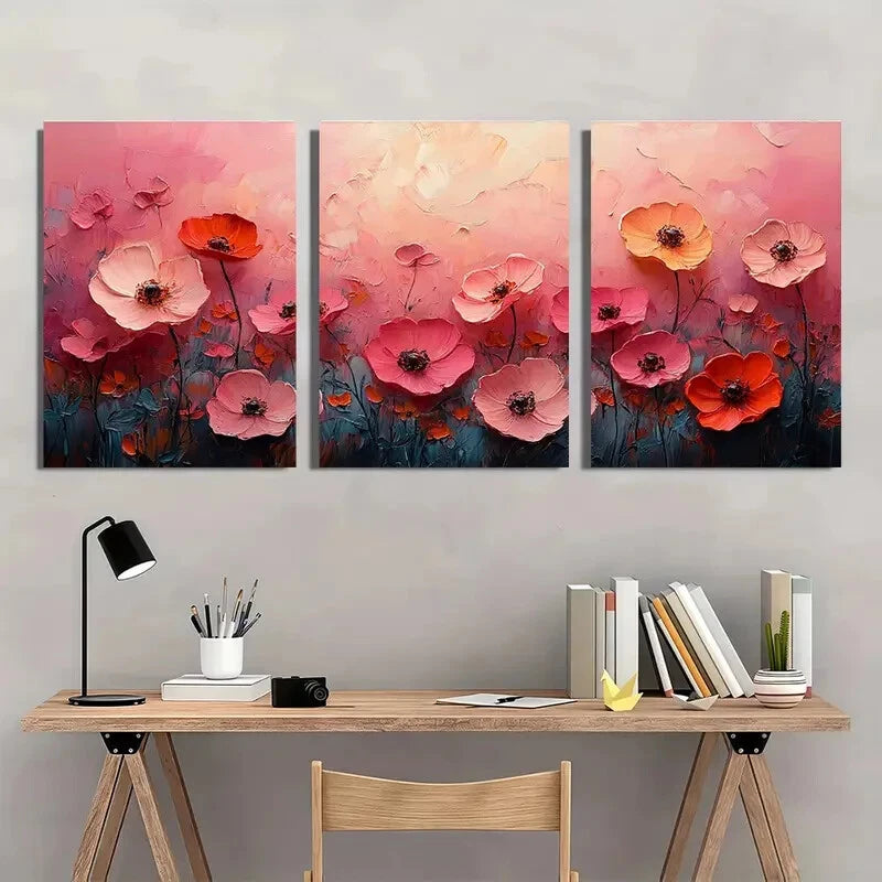 3pcs Floral Textured Abstract Oil Paintings Metal Print Ready to Hang Art - Bella Home Decor