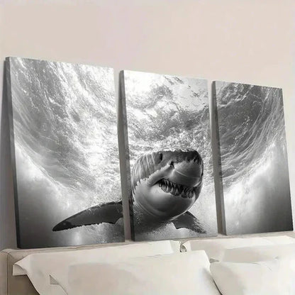 3pcs Black And White Shark Underwater Scene Wall Art Canvas Unframed - High Quality Print 100% Australian Made Wall Canvas - Bella Home Decor